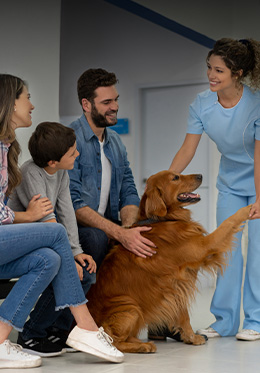 Famille avec un chien et un vétérinaire