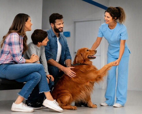 Consultation vétérinaire avec une famille et un chien